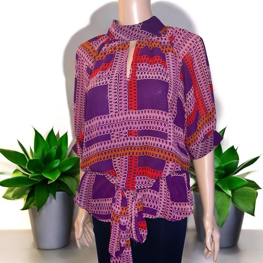New York & Company Printed Dolman-Sleeve Keyhole Neck Waist Tie Blouse - Picture 2 of 15